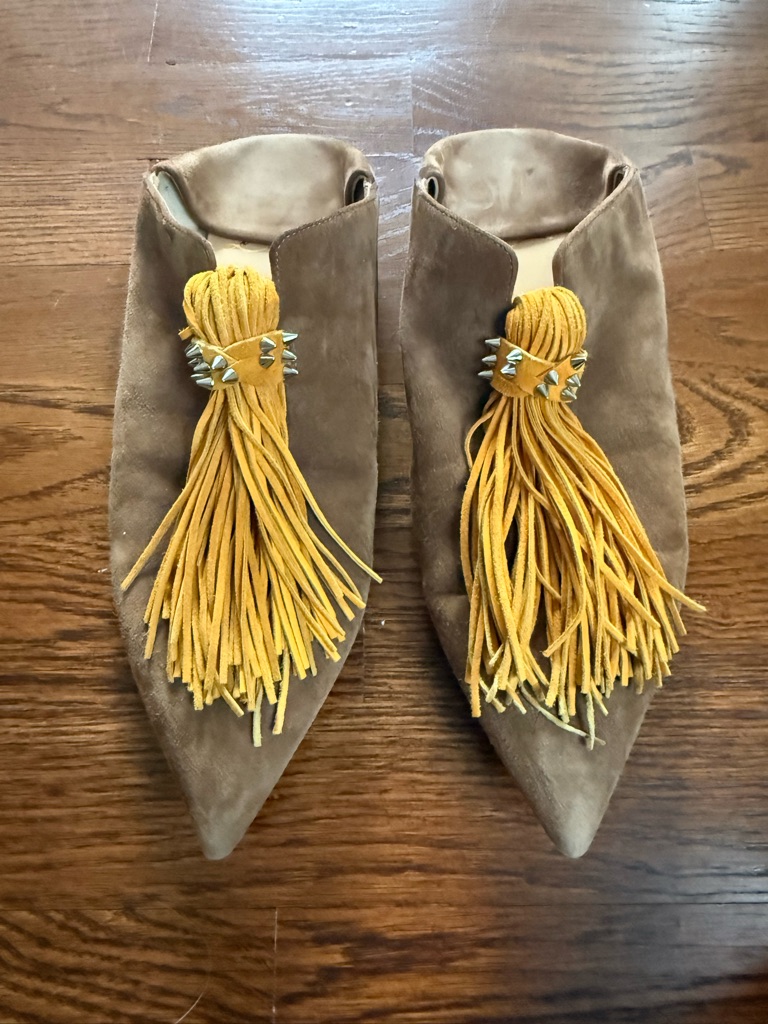 Christian Louboutin Brown Suede Pointed Tassel Flats With Mustard Accents
